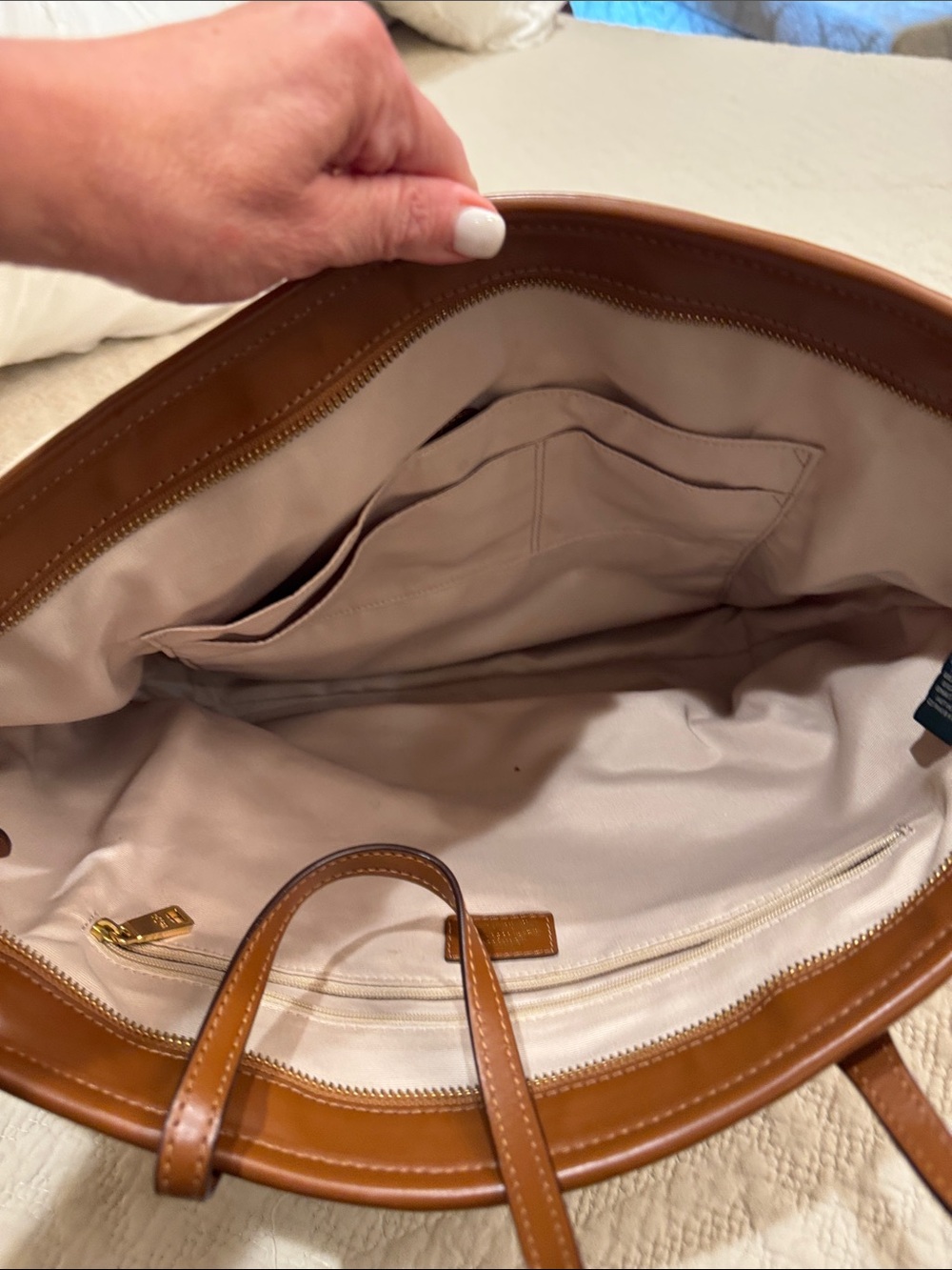 Lauren Ralph Lauren Tan Woven Straw Tote with Brown Leather Trim - Picture 7 of 17